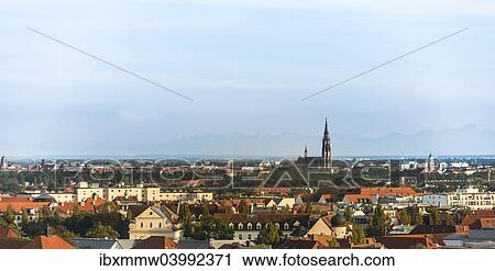 Stock Image - "Cityscape of Munich with Mariahilfkirche church, Munich, Upper Bavaria, Bavaria, Germany, Europe". Fotosearch