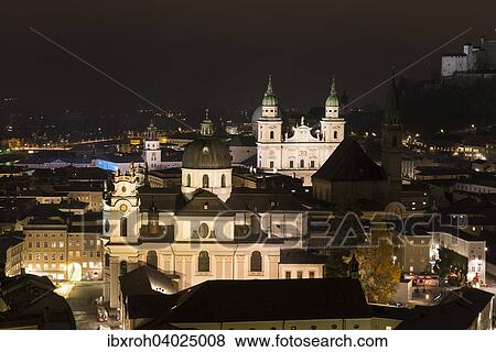 Stock Photo - "Cityscape of Salzburg Cathedral and Collegiate Church, Night Scene, Salzburg, Austria, Europe". Fotosearch