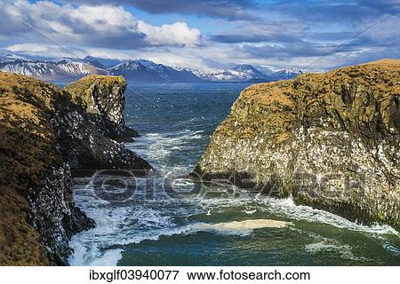Stock Photo - "Cliff near Anarstapi, mountains of the Snaefellsness Peninsula at the back, Vesturland, Iceland, Europe". Fotosearch