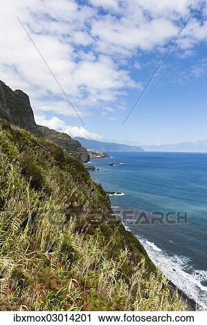Stock Image - "Cliffs at Arco de Sao Jorge, Ribeira Funda, Arco de Sao Jorge, Ilha da Madeira, Portugal, Europe". Fotosearch
