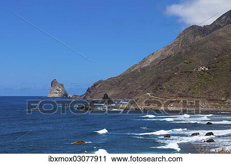 Stock Image - "Cliffs in the Anaga Mountains with the Playa de Roque de las Bodegas beach, Almaciga, Almaciga, Tenerife, Canary Islands, Spain, Europe". Fotosearch
