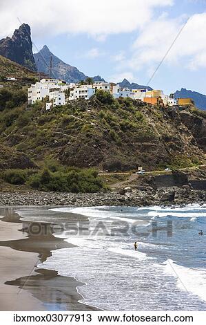 Stock Image - "Cliffs in the Anaga Mountains with the Playa de Roque de las Bodegas beach, Almaciga, Almaciga, Tenerife, Canary Islands, Spain, Europe". Fotosearch