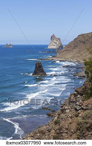 Stock Image - "Cliffs in the Anaga Mountains with the Playa de Roque de las Bodegas beach, Almaciga, Almaciga, Tenerife, Canary Islands, Spain, Europe". Fotosearch