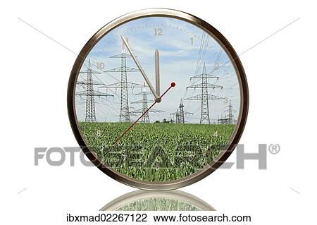 "Clock with power poles, 5 minutes to twelve, eleventh hour, symbolic image for expansion of electricity networks" View Large Photo Image Stock Image - "Clock with power poles, 5 minutes to twelve, eleventh hour, symbolic image for expansion of electricity networks". Fotosearch