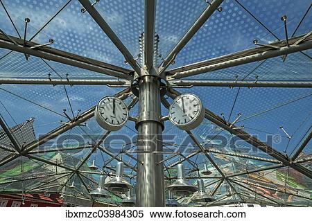 Stock Photography - "Clocks at a bus terminal, Schweinfurt, Lower Franconia, Bavaria, Germany, Europe". Fotosearch