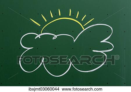 "Cloud with a sun drawn with chalk on a blackboard, Germany, Europe" View Large Photo Image Picture - "Cloud with a sun drawn with chalk on a blackboard, Germany, Europe". Fotosearch