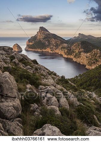 Stock Image - "Coastal landscape in the evening light, Cap Formentor, Majorca, Balearic Islands, Spain, Europe". Fotosearch