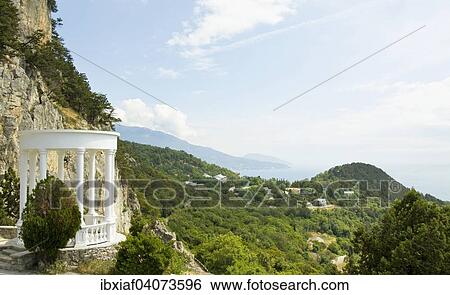 Stock Photograph - "Coastal landscape with white pavilion, Black Sea, Crimea, Russia, Europe". Fotosearch
