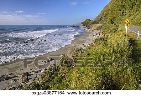Picture - "Coastal road at Hokitika, South Island, New Zealand, Oceania". Fotosearch