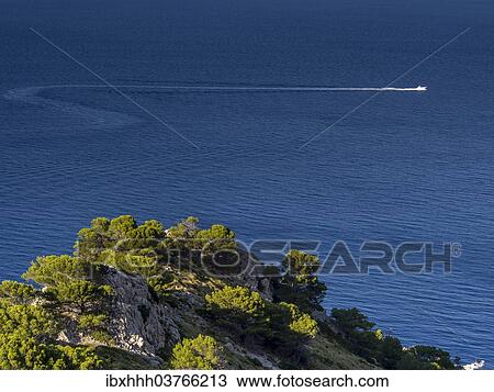 "Coastline, motorboat at back, Cap Formentor, Majorca, Balearic Islands, Spain, Europe" View Large Photo Image Stock Image - "Coastline, motorboat at back, Cap Formentor, Majorca, Balearic Islands, Spain, Europe". Fotosearch
