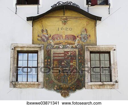 Stock Image - "Coat of Arms, cresco, town house, historic centre, Rattenberg, Tyrol, Austria, Europe". Fotosearch