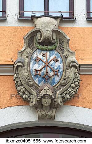 Stock Photography - "Coat of arms on the former town hall, Stadtamhof 1827, Regensburg, Upper Palatinate, Bavaria, Germany, Europe". Fotosearch