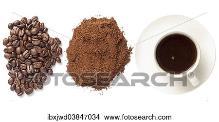 Picture - "Coffee beans, ground coffee and cup of coffee". Fotosearch