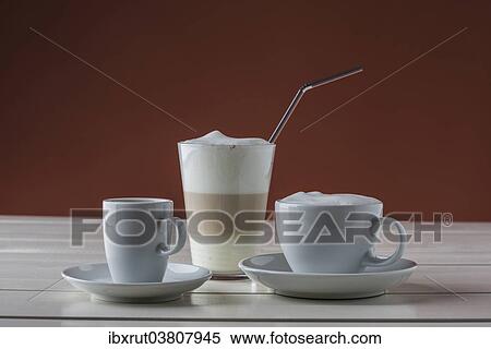Stock Photography - "Coffee cups with espresso, latte macchiato and cappuccino". Fotosearch