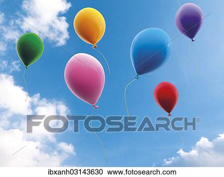 "Colorful balloons against blue sky with clouds, illustration" View Large Photo Image Stock Image - "Colorful balloons against blue sky with clouds, illustration". Fotosearch