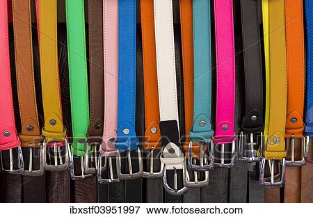 Stock Photo - "Colorful belts for sale, weekly market, Santanyi, Majorca, Balearic Islands, Spain, Europe". Fotosearch