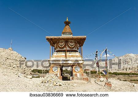 "Colorful ornate Buddhist stupa at the entrance to the village, gate stupa, Charang, Mustang District, Nepal, Asia" View Large Photo Image Stock Photo - "Colorful ornate Buddhist stupa at the entrance to the village, gate stupa, Charang, Mustang District, Nepal, Asia". Fotosearch
