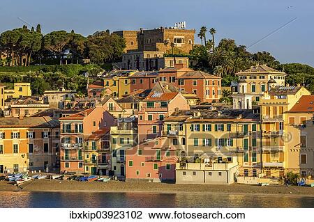 Stock Image - "Colourful houses along Baia del Silenzio, Bay of Silence, Sestri Levante, Liguria, Italy, Europe". Fotosearch