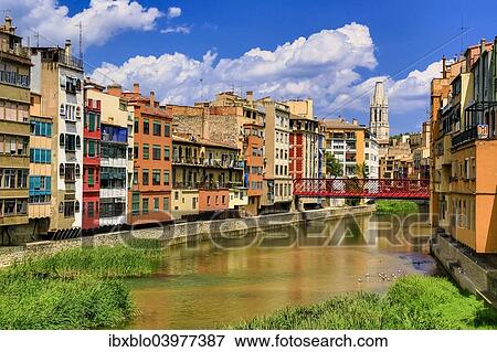 "Colourful houses, red bridge, Onyar river, Girona, Catalonia, Spain, Europe" View Large Photo Image Stock Photo - "Colourful houses, red bridge, Onyar river, Girona, Catalonia, Spain, Europe". Fotosearch