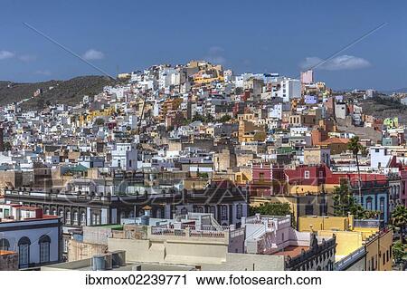 Stock Image - "Colourful nested houses, San Juan district, Las Palmas de Gran Canaria, Gran Canaria, Canary Islands, Spain, Europe". Fotosearch
