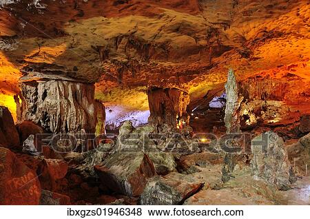 "Colourfully, illuminated Hang Sung Sot cave, Surprise Cave, Cave of Awe, a UNESCO World Heritage Site, stalactite cave in Halong Bay, Vietnam, Southeast Asia, Asia" View Large Photo Image Stock Photo - "Colourfully, illuminated Hang Sung Sot cave, Surprise Cave, Cave of Awe, a UNESCO World Heritage Site, stalactite cave in Halong Bay, Vietnam, Southeast Asia, Asia". Fotosearch
