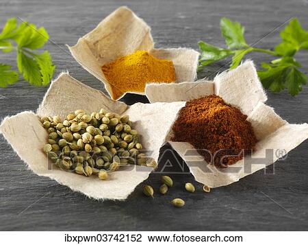 Stock Image - "Coriander seeds, ground chili powder and ground turmeric, Indian spices". Fotosearch