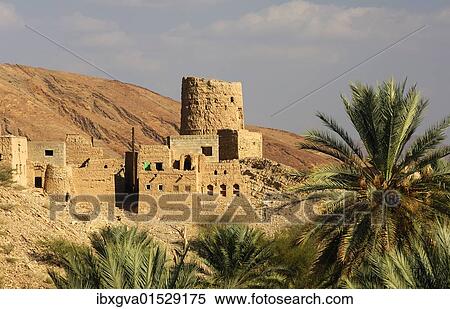 "Crumbling watch tower near the mountain village of Misfah al Abriyeen at the foot of the Al Hajar or Hajjar Mountains, Wilayat Al Hamra, Dakhiliyah region, Sultanate of Oman, Middle East, Asia" View Large Photo Image Stock Photography - "Crumbling watch tower near the mountain village of Misfah al Abriyeen at the foot of the Al Hajar or Hajjar Mountains, Wilayat Al Hamra, Dakhiliyah region, Sultanate of Oman, Middle East, Asia". Fotosearch