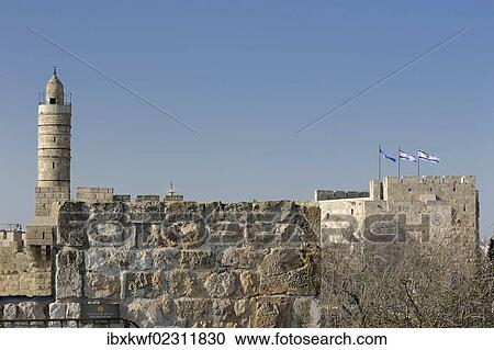 Stock Image - "David Citadel with the Tower of David and Israeli flags in the Christian Quarter of the Old City, Jerusalem, Israel, Middle East, Southwest Asia, Asia". Fotosearch