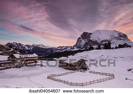 "Dawn on Plattkofel and Mahlknechthutte hut in winter, Saltria, Province of South Tyrol, Italy, Europe" View Large Photo Image Stock Photo - "Dawn on Plattkofel and Mahlknechthutte hut in winter, Saltria, Province of South Tyrol, Italy, Europe". Fotosearch
