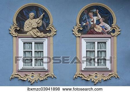 "Decorative frames of windows with frescoes and relief of S. Pfeffer from 1992, Obermarkt, Mittenwald, Upper Bavaria, Germany, Europe" View Large Photo Image Stock Photo - "Decorative frames of windows with frescoes and relief of S. Pfeffer from 1992, Obermarkt, Mittenwald, Upper Bavaria, Germany, Europe". Fotosearch