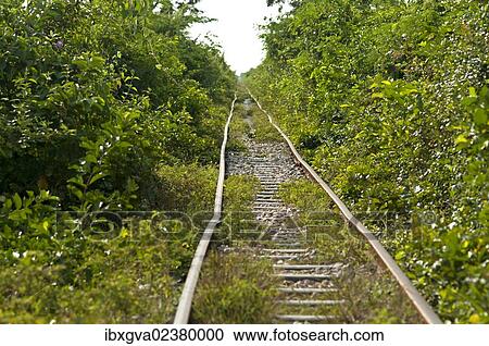 Stock Image - "Deformed railway tracks of the disused rail link between Phnom Penh and Battambang, now used for the local bamboo train, Battambang, Cambodia, Southeast Asia, Asia". Fotosearch