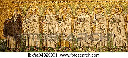 Stock Image - "Detail from the mosaic Procession of the Martyrs, in the church of Sant 'Apollinare Nuovo, Ravenna, Emilia-Romagna, Italy, Europe". Fotosearch