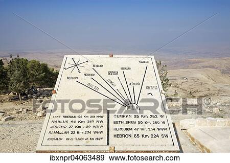 Stock Photo - "Display board with signposts to the Jordan Valley and the Holy Land, Mount Nebo, near Madaba, Jordan, Asia". Fotosearch