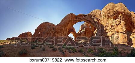"Double Arch, stone arches of red sandstone formed by erosion, Arches-Nationalpark, near Moab, Utah, United States, North America" View Large Photo Image Stock Image - "Double Arch, stone arches of red sandstone formed by erosion, Arches-Nationalpark, near Moab, Utah, United States, North America". Fotosearch