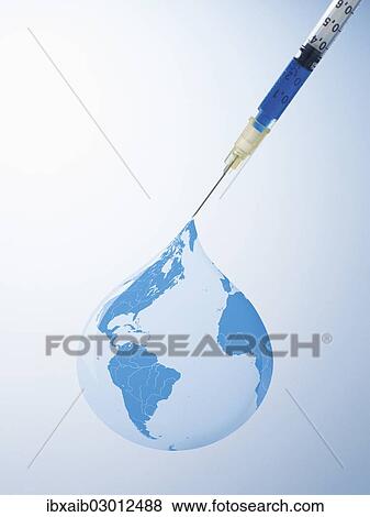 Stock Photo - Drop from a syringe forming a globe. Fotosearch