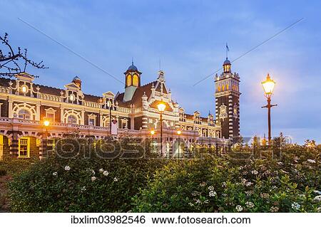 "Dunedin Railway Station, illuminated at twilight, Otago, South Island, New Zealand, Oceania" View Large Photo Image Stock Photograph - "Dunedin Railway Station, illuminated at twilight, Otago, South Island, New Zealand, Oceania". Fotosearch