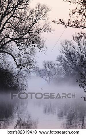 Stock Photo - "Early morning with fog at the Lahn river, Solms, Hesse, Germany, Europe". Fotosearch