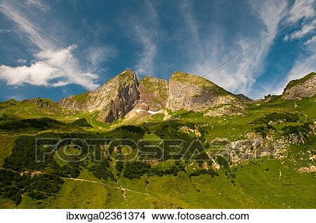 Picture - "East side of Hoefats Mountain, 2259m, Laufbacher Eck-Weg hiking trail, Allgaeu Alps, Allgaeu, Bavaria, Germany, Europe, PublicGround, Europe". Fotosearch