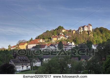Stock Photo - "Egloffstein and Egloffstein Castle, Trubachtal valley, Little Switzerland, Upper Franconia, Franconia, Bavaria, Germany, Europe, PublicGround, Europe". Fotosearch