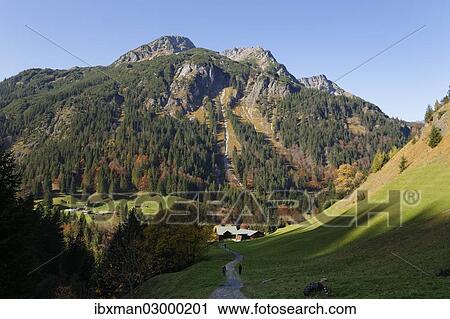 Stock Image - "Einoedsbach with Alpgundkopf mountain, community of Oberstdorf, Allgaeu Alps, Upper Allgaeu, Allgaeu, Swabia, Bavaria, Germany, Europe, Oberstdorf, Oberallgau, Allgau, Swabia, Bavaria, Germany, Europe". Fotosearch