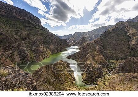 Picture - "Embalse Presa del Parralillo reservoir, also called """"the green lake"""", in the mountains of Caldera de Tejeda, also called a """"petrified storm"""", Artenara Region, Gran Canaria, Canary Islands, Spain, Europe, PublicGround, Europe". Fotosearch