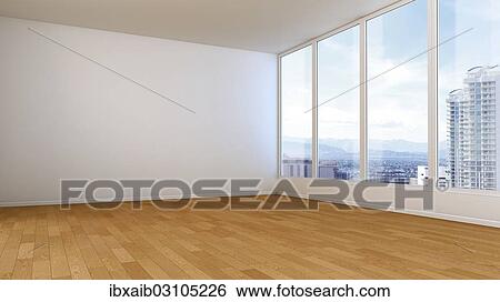 Stock Photograph - "Empty room, white wall, wooden floor, 3D illustration". Fotosearch