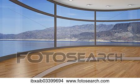 "Empty room with a sea view, 3D illustration" View Large Photo Image Picture - "Empty room with a sea view, 3D illustration". Fotosearch