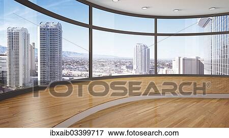 "Empty room with views of a skyline, 3D illustration" View Large Photo Image Stock Photo - "Empty room with views of a skyline, 3D illustration". Fotosearch