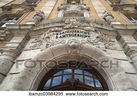 Stock Photography - "Entrance portal of the historic building of the Bavarian District Court, Schweinfurt, Lower Franconia, Bavaria, Germany, Europe". Fotosearch
