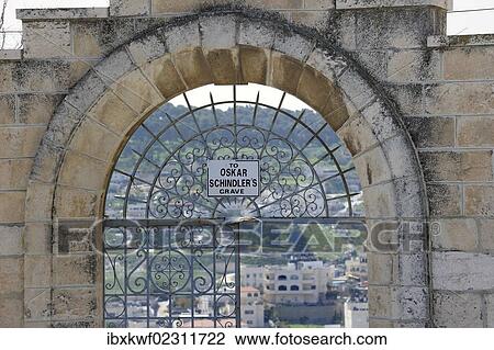 Stock Image - "Entrance to the Franciscan cemetery, sign, lettering """"Oskar Schindler's grave"""", Mount Zion, historic district, Jerusalem, Israel, Middle East, Asia". Fotosearch