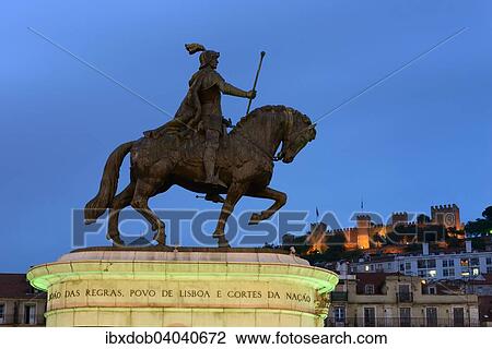Stock Image - "Equestrian statue of King Joao I, behind the Castelo de Sao Jorge, Lisbon, Portugal, Europe". Fotosearch