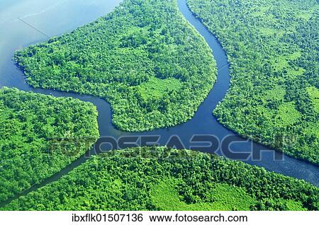 Stock Photograph - "Estuary with delta and tropical vegetation, aerial view, Nicaragua, Central America, North America". Fotosearch