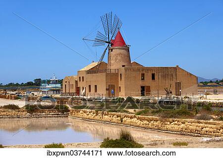 Stock Image - "Ettore e Infersa salt mill and windmill, Masala, Sicily, Italy, Europe". Fotosearch