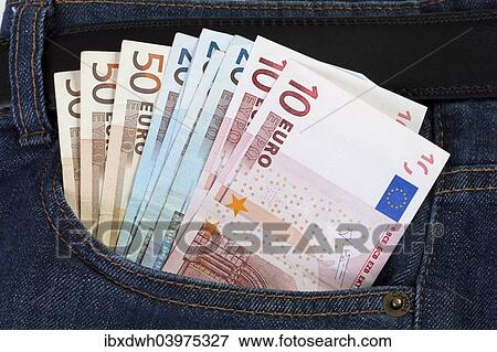 Euro bills in a jeans pocket View Large Photo Image Stock Photo - Euro bills in a jeans pocket. Fotosearch